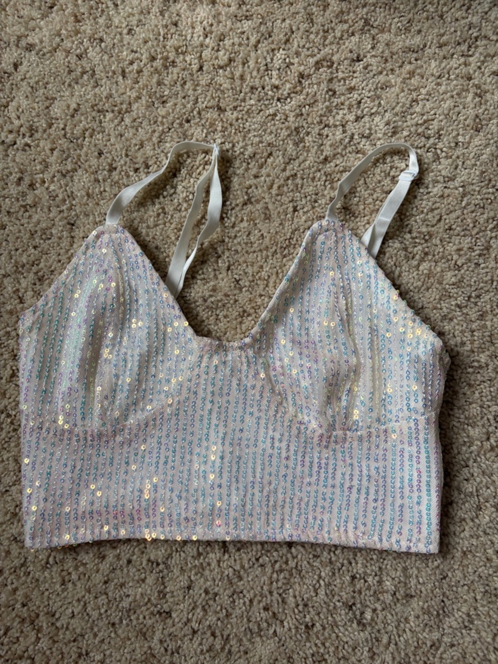 Amazon Iridescent Sequin Crop Cami Top - White Shimmer